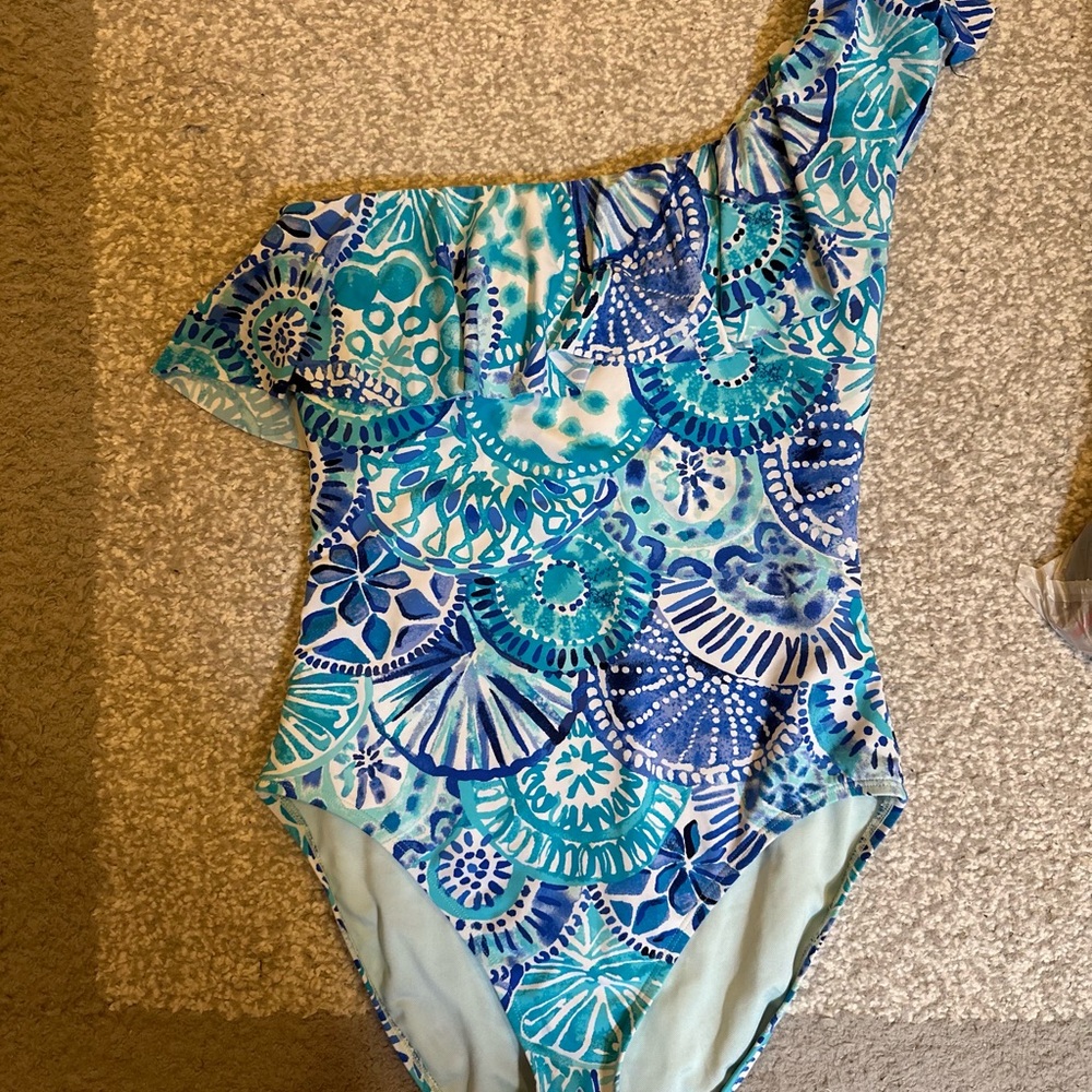 Lilly Pulitzer Blue and Green One-Shoulder Swimsuit
